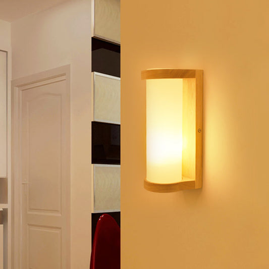 Cylinder Cream Glass Sconce Lighting Japanese Style 1 Light Wood Wall Lamp Fixture for Corner Clearhalo 'Wall Lamps & Sconces' 'Wall Lights' Lighting' 852525