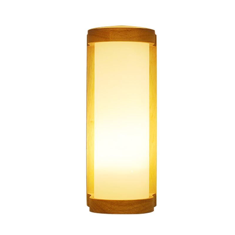 Cylinder Cream Glass Sconce Lighting Japanese Style 1 Light Wood Wall Lamp Fixture for Corner Clearhalo 'Wall Lamps & Sconces' 'Wall Lights' Lighting' 852526