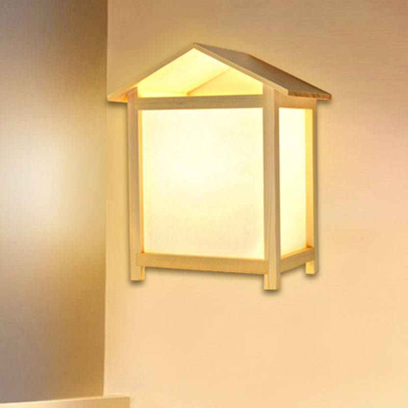 Japanese-Style 1 Light Sconce Lamp Fixture with Parchmyn Shade Wood House Shape Wall Light White Clearhalo 'Wall Lamps & Sconces' 'Wall Lights' Lighting' 852528