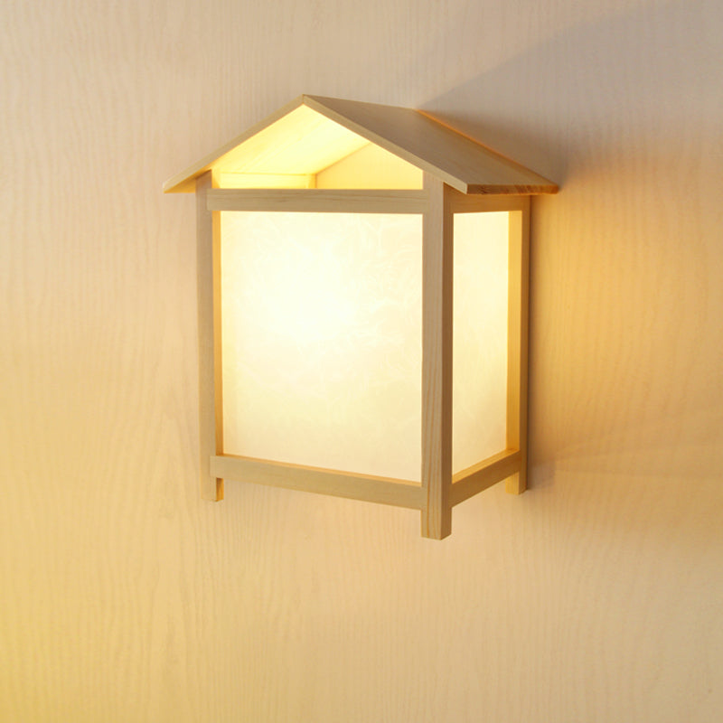 Japanese-Style 1 Light Sconce Lamp Fixture with Parchmyn Shade Wood House Shape Wall Light Clearhalo 'Wall Lamps & Sconces' 'Wall Lights' Lighting' 852529