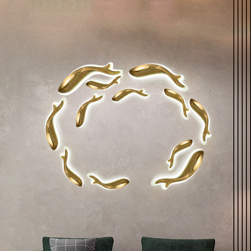 Brass Finish Fish-Like Flush Wall Sconce Postmodern LED Metal Wall Lighting, 10"/12" Wide Brass Clearhalo 'Cast Iron' 'Glass' 'Industrial' 'Modern wall lights' 'Modern' 'Tiffany' 'Traditional wall lights' 'Wall Lamps & Sconces' 'Wall Lights' Lighting' 852544