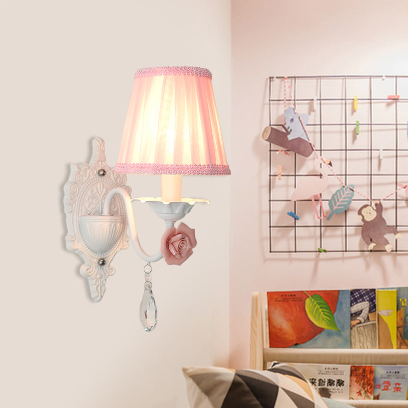 1/2-Head Pleated Fabric Wall Lighting Pastoral Pink/Blue Braided-Trim Bedside Wall Sconce with Rose Decor 1.0 Pink Clearhalo 'Wall Lamps & Sconces' 'Wall Lights' Lighting' 852585