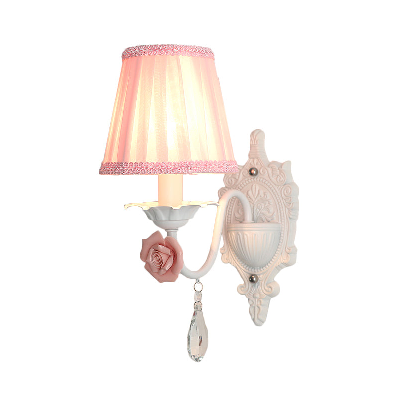 1/2-Head Pleated Fabric Wall Lighting Pastoral Pink/Blue Braided-Trim Bedside Wall Sconce with Rose Decor Clearhalo 'Wall Lamps & Sconces' 'Wall Lights' Lighting' 852586