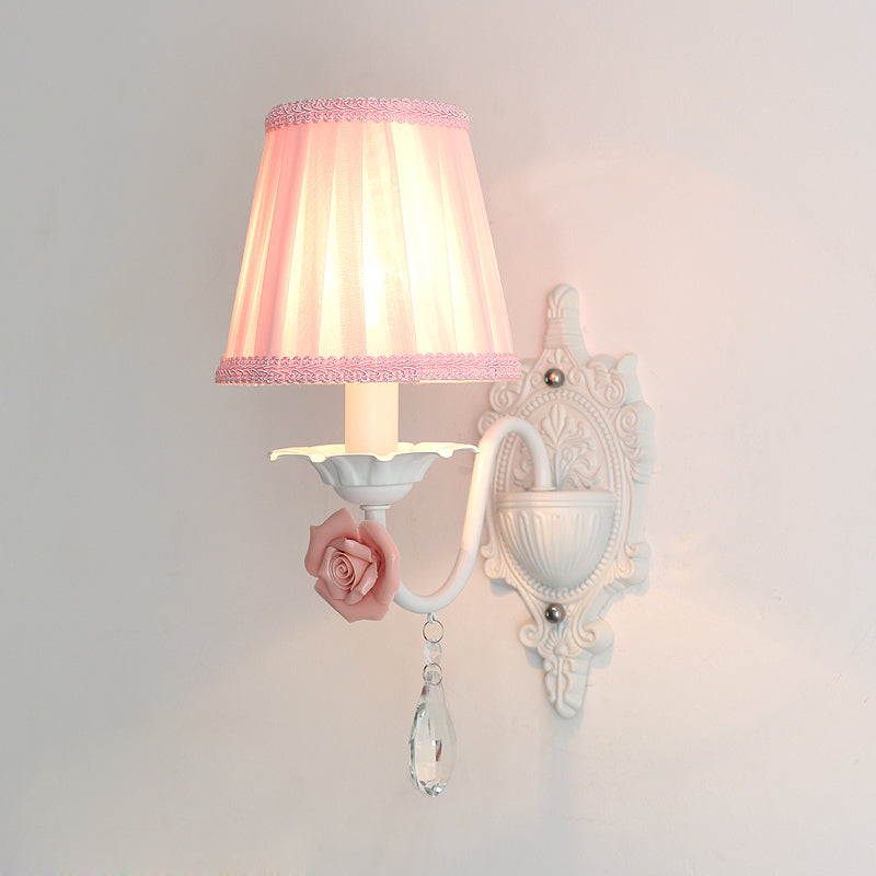 1/2-Head Pleated Fabric Wall Lighting Pastoral Pink/Blue Braided-Trim Bedside Wall Sconce with Rose Decor Clearhalo 'Wall Lamps & Sconces' 'Wall Lights' Lighting' 852587