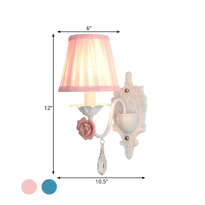 1/2-Head Pleated Fabric Wall Lighting Pastoral Pink/Blue Braided-Trim Bedside Wall Sconce with Rose Decor Clearhalo 'Wall Lamps & Sconces' 'Wall Lights' Lighting' 852588