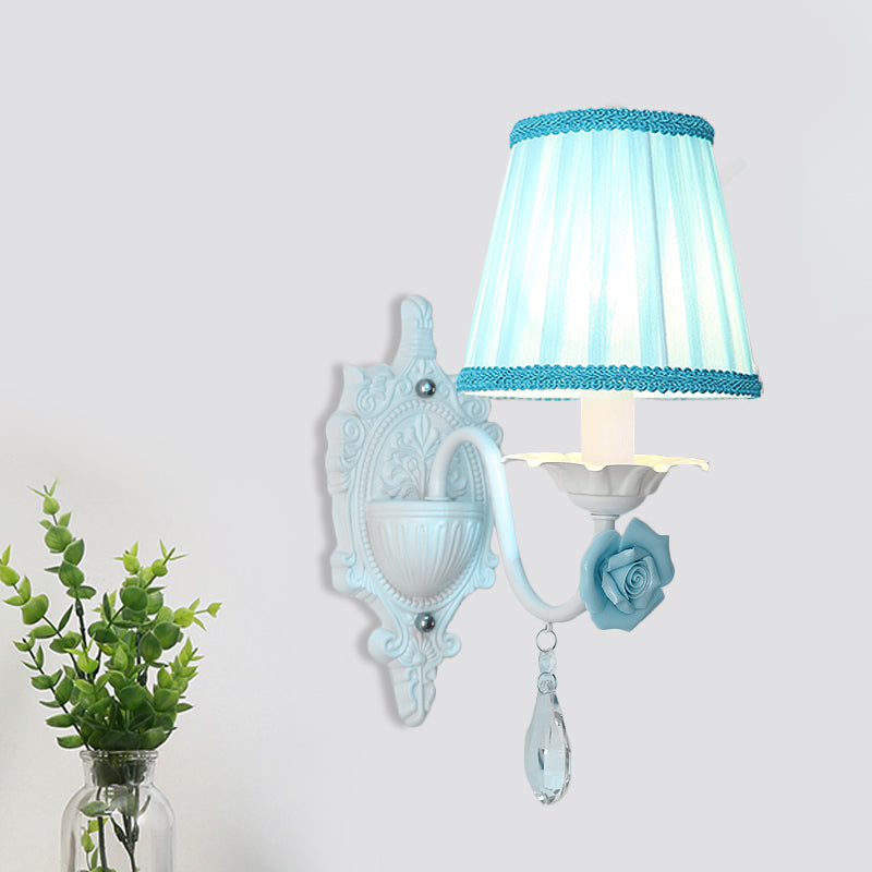 1/2-Head Pleated Fabric Wall Lighting Pastoral Pink/Blue Braided-Trim Bedside Wall Sconce with Rose Decor 1.0 Blue Clearhalo 'Wall Lamps & Sconces' 'Wall Lights' Lighting' 852589