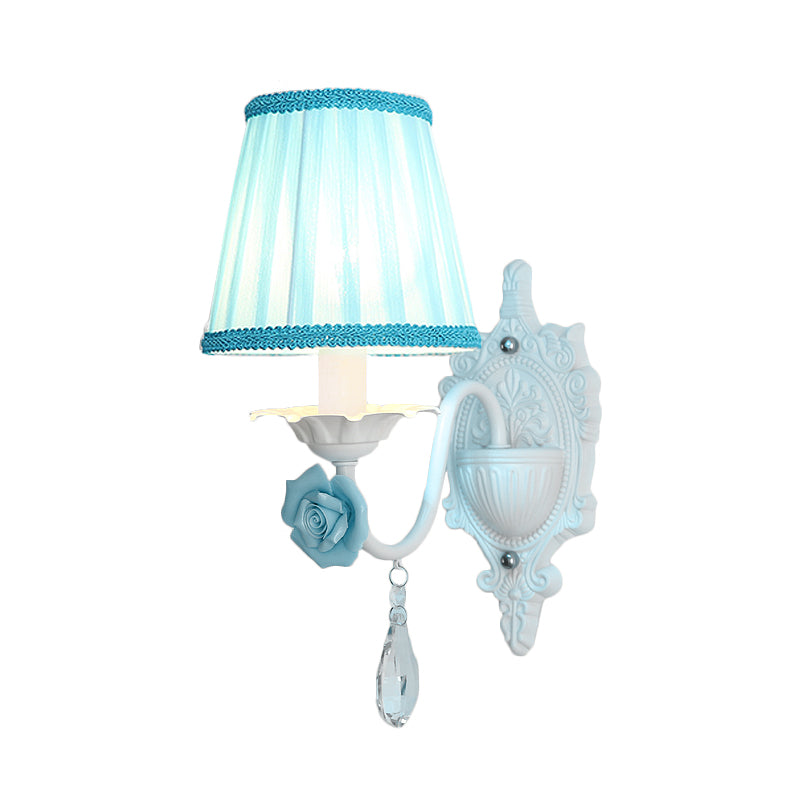 1/2-Head Pleated Fabric Wall Lighting Pastoral Pink/Blue Braided-Trim Bedside Wall Sconce with Rose Decor Clearhalo 'Wall Lamps & Sconces' 'Wall Lights' Lighting' 852591