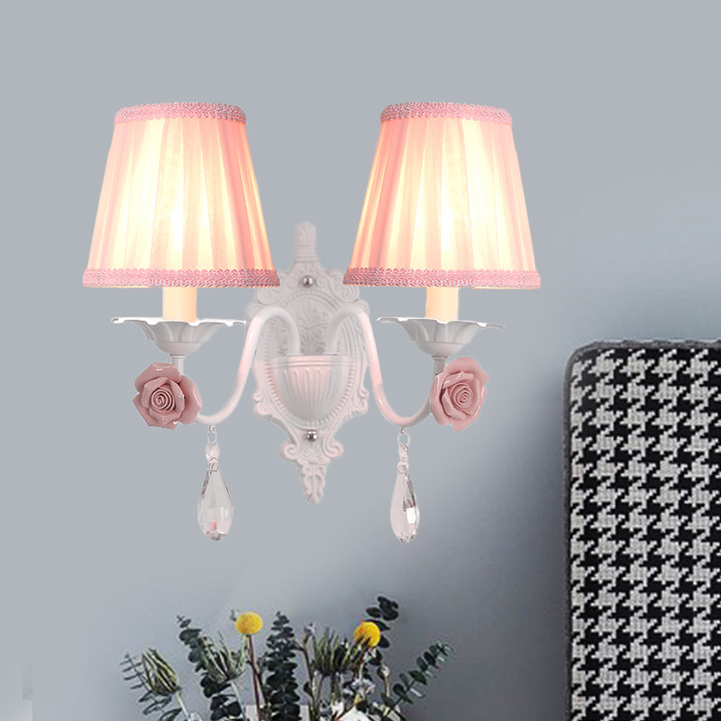 1/2-Head Pleated Fabric Wall Lighting Pastoral Pink/Blue Braided-Trim Bedside Wall Sconce with Rose Decor 2.0 Pink Clearhalo 'Wall Lamps & Sconces' 'Wall Lights' Lighting' 852593