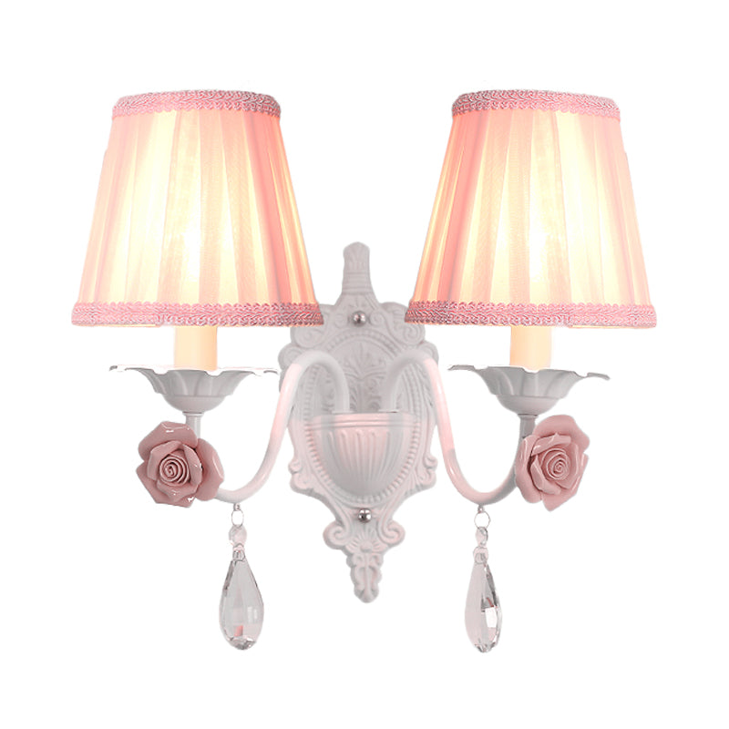 1/2-Head Pleated Fabric Wall Lighting Pastoral Pink/Blue Braided-Trim Bedside Wall Sconce with Rose Decor Clearhalo 'Wall Lamps & Sconces' 'Wall Lights' Lighting' 852595