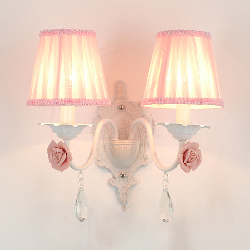 1/2-Head Pleated Fabric Wall Lighting Pastoral Pink/Blue Braided-Trim Bedside Wall Sconce with Rose Decor Clearhalo 'Wall Lamps & Sconces' 'Wall Lights' Lighting' 852596