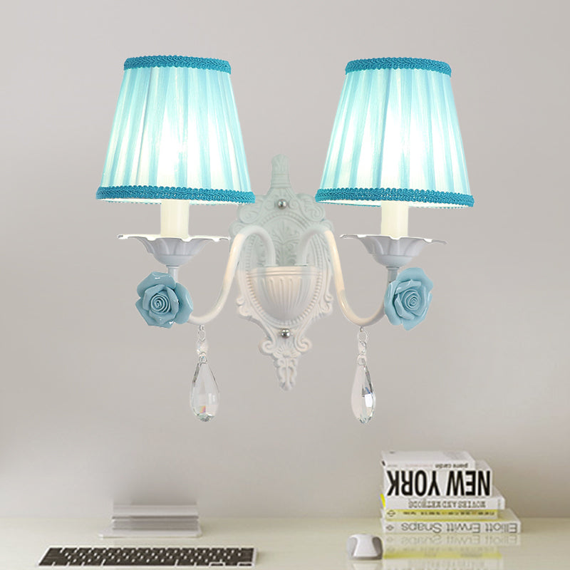 1/2-Head Pleated Fabric Wall Lighting Pastoral Pink/Blue Braided-Trim Bedside Wall Sconce with Rose Decor 2.0 Blue Clearhalo 'Wall Lamps & Sconces' 'Wall Lights' Lighting' 852598