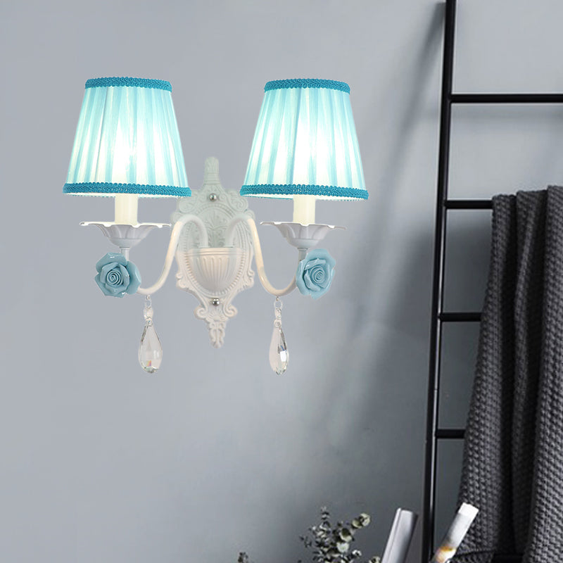 1/2-Head Pleated Fabric Wall Lighting Pastoral Pink/Blue Braided-Trim Bedside Wall Sconce with Rose Decor Clearhalo 'Wall Lamps & Sconces' 'Wall Lights' Lighting' 852599