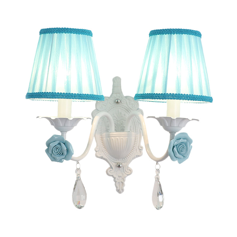 1/2-Head Pleated Fabric Wall Lighting Pastoral Pink/Blue Braided-Trim Bedside Wall Sconce with Rose Decor Clearhalo 'Wall Lamps & Sconces' 'Wall Lights' Lighting' 852600