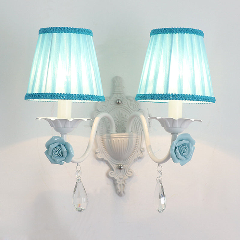 1/2-Head Pleated Fabric Wall Lighting Pastoral Pink/Blue Braided-Trim Bedside Wall Sconce with Rose Decor Clearhalo 'Wall Lamps & Sconces' 'Wall Lights' Lighting' 852601