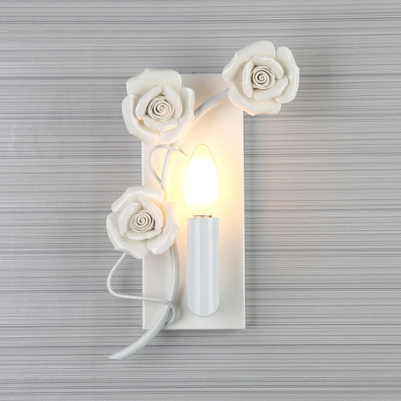 White Single-Bulb Wall Mount Lamp Korean Garden Iron Candle Sconce with Carved Rose Decoration White Clearhalo 'Wall Lamps & Sconces' 'Wall Lights' Lighting' 852606