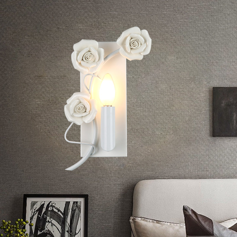 White Single-Bulb Wall Mount Lamp Korean Garden Iron Candle Sconce with Carved Rose Decoration Clearhalo 'Wall Lamps & Sconces' 'Wall Lights' Lighting' 852607