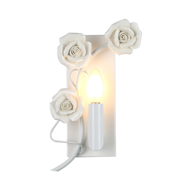 White Single-Bulb Wall Mount Lamp Korean Garden Iron Candle Sconce with Carved Rose Decoration Clearhalo 'Wall Lamps & Sconces' 'Wall Lights' Lighting' 852608