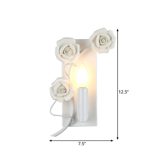 White Single-Bulb Wall Mount Lamp Korean Garden Iron Candle Sconce with Carved Rose Decoration Clearhalo 'Wall Lamps & Sconces' 'Wall Lights' Lighting' 852609