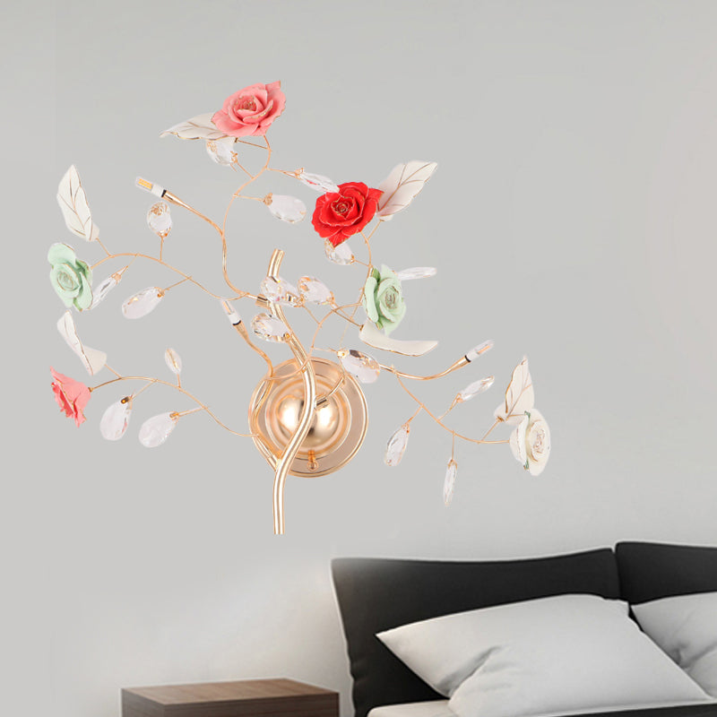 Ceramic Flower Vine Wall Light Romantic Pastoral 2-Bulb Bedside Wall Lighting Ideas in Gold Gold Clearhalo 'Wall Lamps & Sconces' 'Wall Lights' Lighting' 852610