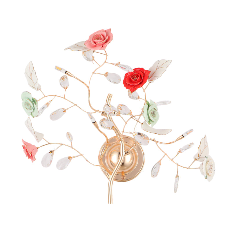 Ceramic Flower Vine Wall Light Romantic Pastoral 2-Bulb Bedside Wall Lighting Ideas in Gold Clearhalo 'Wall Lamps & Sconces' 'Wall Lights' Lighting' 852611