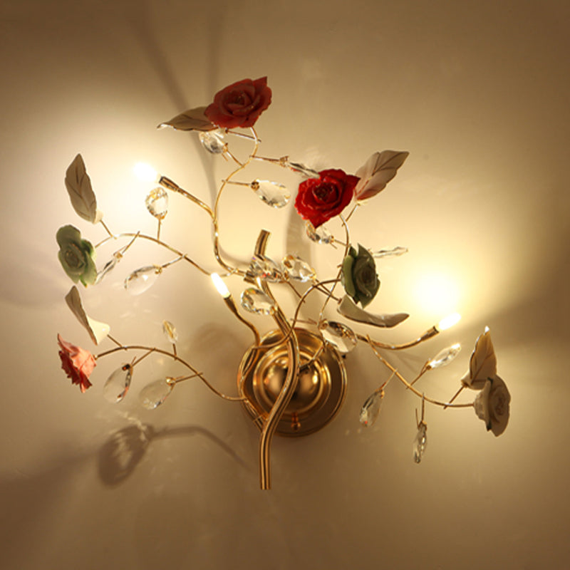 Ceramic Flower Vine Wall Light Romantic Pastoral 2-Bulb Bedside Wall Lighting Ideas in Gold Clearhalo 'Wall Lamps & Sconces' 'Wall Lights' Lighting' 852612