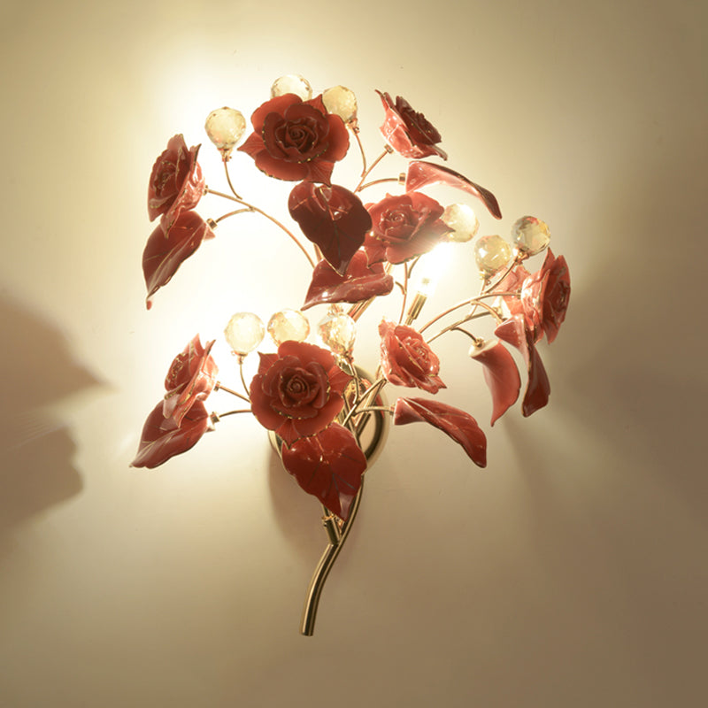 Flowering Bedroom Wall Light Fixture Pastoral Style Ceramic 3-Light White/Red/Green Wall Sconce Clearhalo 'Wall Lamps & Sconces' 'Wall Lights' Lighting' 852621