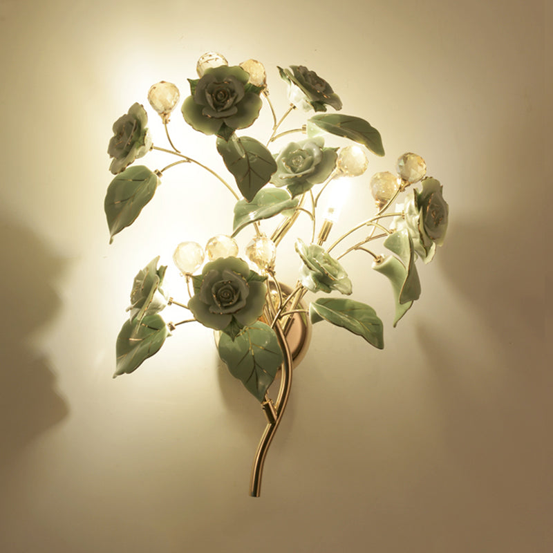 Flowering Bedroom Wall Light Fixture Pastoral Style Ceramic 3-Light White/Red/Green Wall Sconce Clearhalo 'Wall Lamps & Sconces' 'Wall Lights' Lighting' 852625