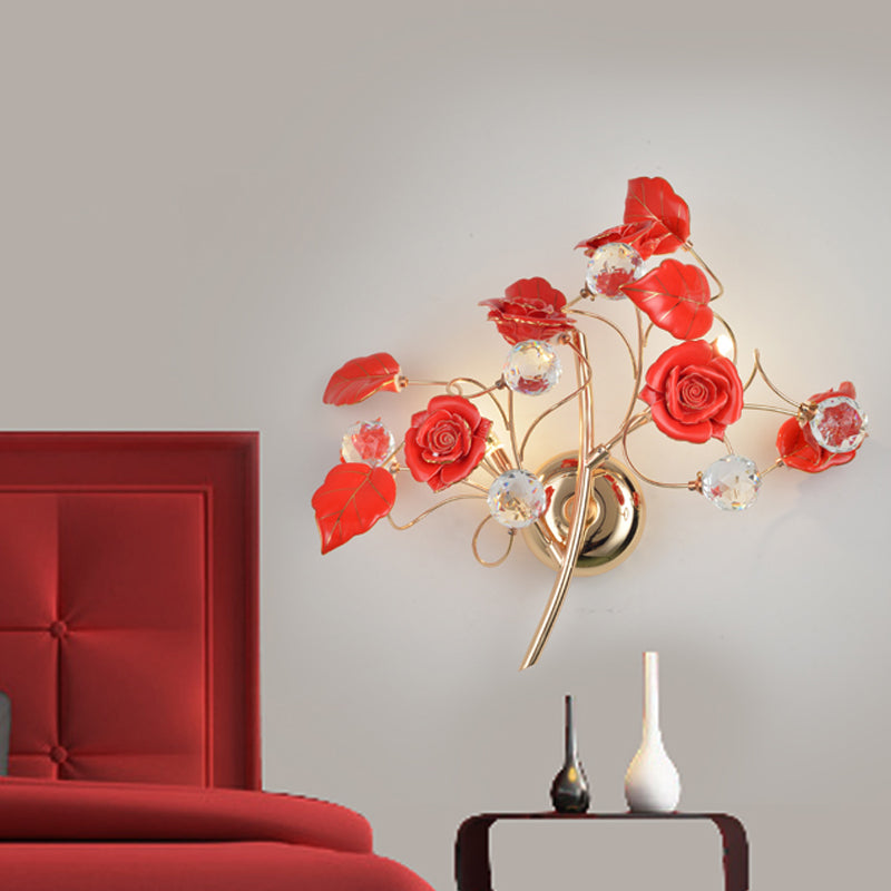 Romantic Pastoral Rose Blossom Sconce 2 Lights Ceramic Wall Mount Lamp in Red/White/Pink for Hotel Red Clearhalo 'Wall Lamps & Sconces' 'Wall Lights' Lighting' 852626