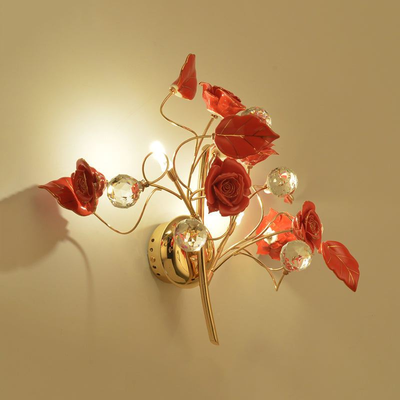 Romantic Pastoral Rose Blossom Sconce 2 Lights Ceramic Wall Mount Lamp in Red/White/Pink for Hotel Clearhalo 'Wall Lamps & Sconces' 'Wall Lights' Lighting' 852628