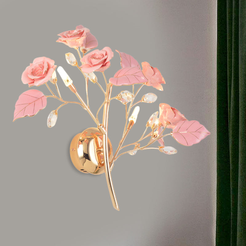 Romantic Pastoral Rose Blossom Sconce 2 Lights Ceramic Wall Mount Lamp in Red/White/Pink for Hotel Pink Clearhalo 'Wall Lamps & Sconces' 'Wall Lights' Lighting' 852634