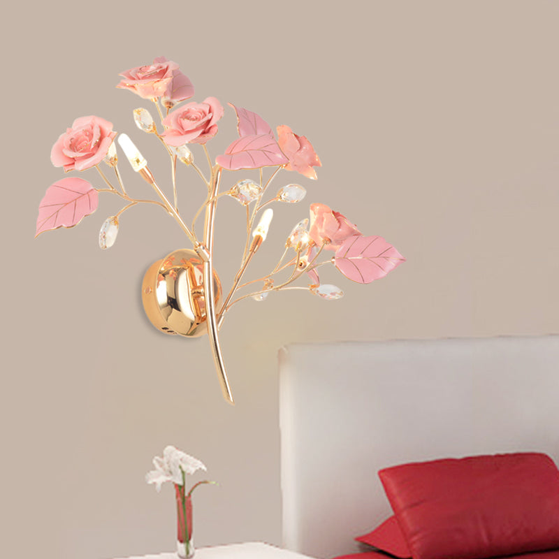 Romantic Pastoral Rose Blossom Sconce 2 Lights Ceramic Wall Mount Lamp in Red/White/Pink for Hotel Clearhalo 'Wall Lamps & Sconces' 'Wall Lights' Lighting' 852635