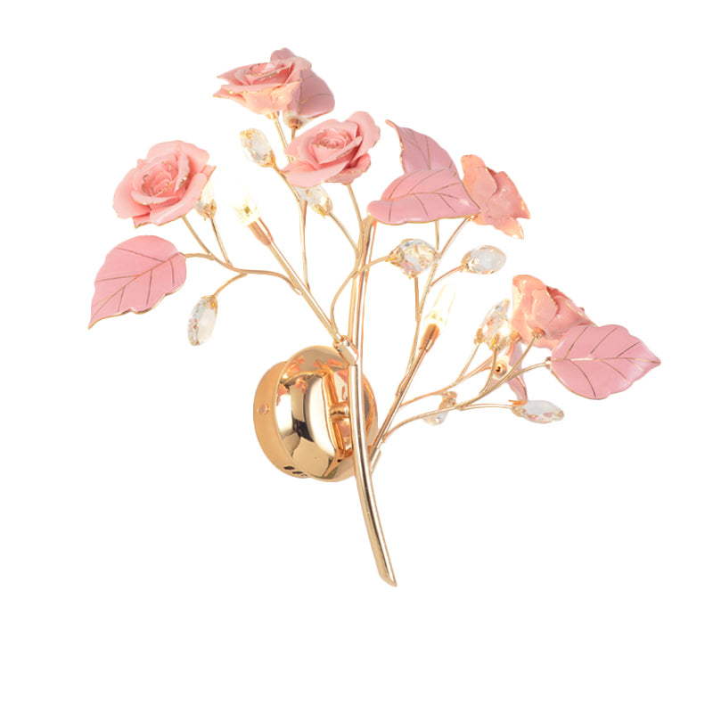 Romantic Pastoral Rose Blossom Sconce 2 Lights Ceramic Wall Mount Lamp in Red/White/Pink for Hotel Clearhalo 'Wall Lamps & Sconces' 'Wall Lights' Lighting' 852636