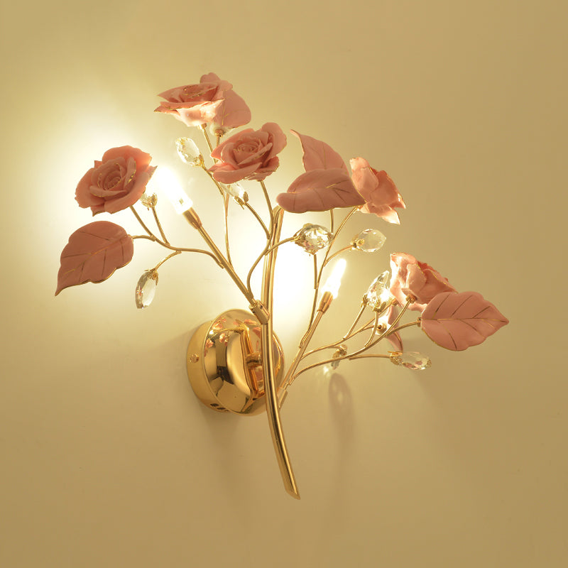 Romantic Pastoral Rose Blossom Sconce 2 Lights Ceramic Wall Mount Lamp in Red/White/Pink for Hotel Clearhalo 'Wall Lamps & Sconces' 'Wall Lights' Lighting' 852637