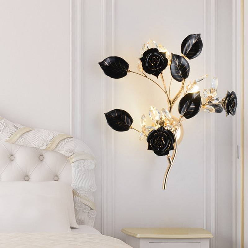 3 Heads Wall Mount Lighting Korean Garden Floweret Ceramic Wall Light Kit with Gold Vine in Black/White/Red Black Clearhalo 'Wall Lamps & Sconces' 'Wall Lights' Lighting' 852638