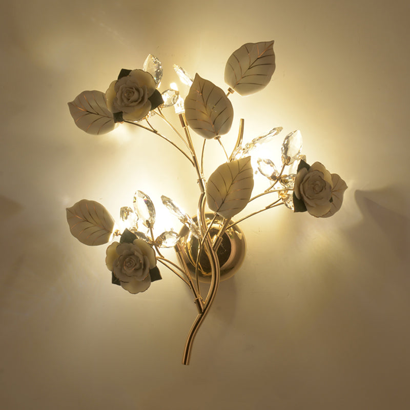 3 Heads Wall Mount Lighting Korean Garden Floweret Ceramic Wall Light Kit with Gold Vine in Black/White/Red Clearhalo 'Wall Lamps & Sconces' 'Wall Lights' Lighting' 852645