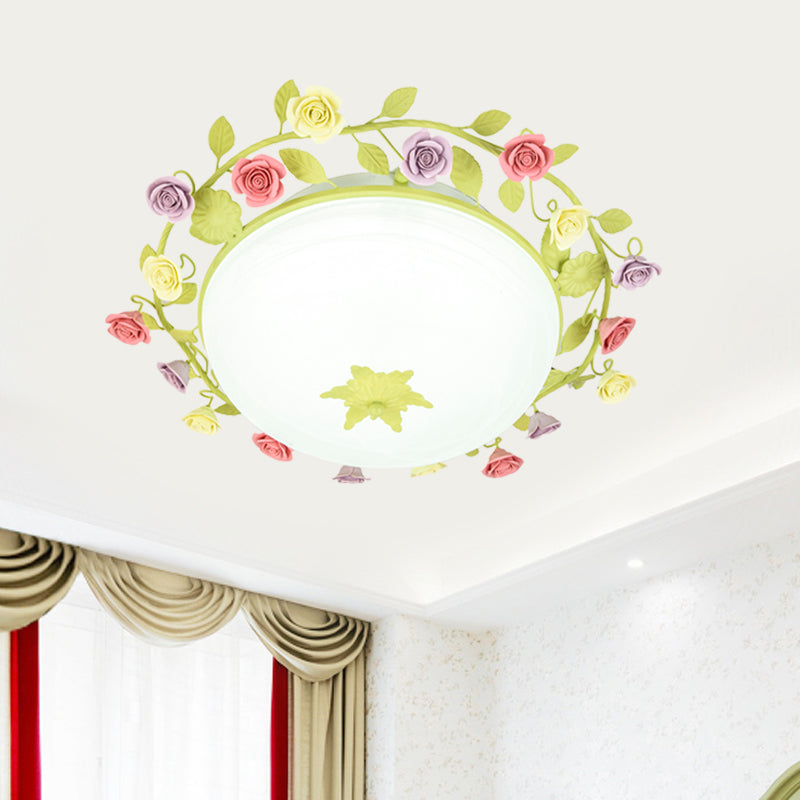 Green Rose Garland Flush Mount Pastoral Ceramic 3 Lights Bedroom Ceiling Lamp with Frosted Glass Shade, Small/Large Size Green Clearhalo 'Ceiling Lights' 'Close To Ceiling Lights' 'Close to ceiling' 'Flush mount' Lighting' 852654