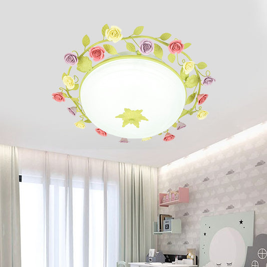 Green Rose Garland Flush Mount Pastoral Ceramic 3 Lights Bedroom Ceiling Lamp with Frosted Glass Shade, Small/Large Size Clearhalo 'Ceiling Lights' 'Close To Ceiling Lights' 'Close to ceiling' 'Flush mount' Lighting' 852655