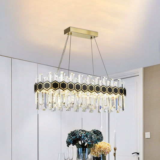 Ellipse Fluted Crystal Island Lamp Mid-Century Dining Room LED Pendant Light Fixture in Black-Gold Black-Gold Clearhalo 'Ceiling Lights' 'Island Lights' Lighting' 852663