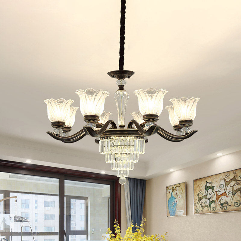 Bellflower Dining Room Pendant Chandelier Vintage Crystal 6/8-Light Black Hanging Light Fixture 8 Black Clearhalo 'Ceiling Lights' 'Chandeliers' 'Modern Chandeliers' 'Modern' Lighting' 852672