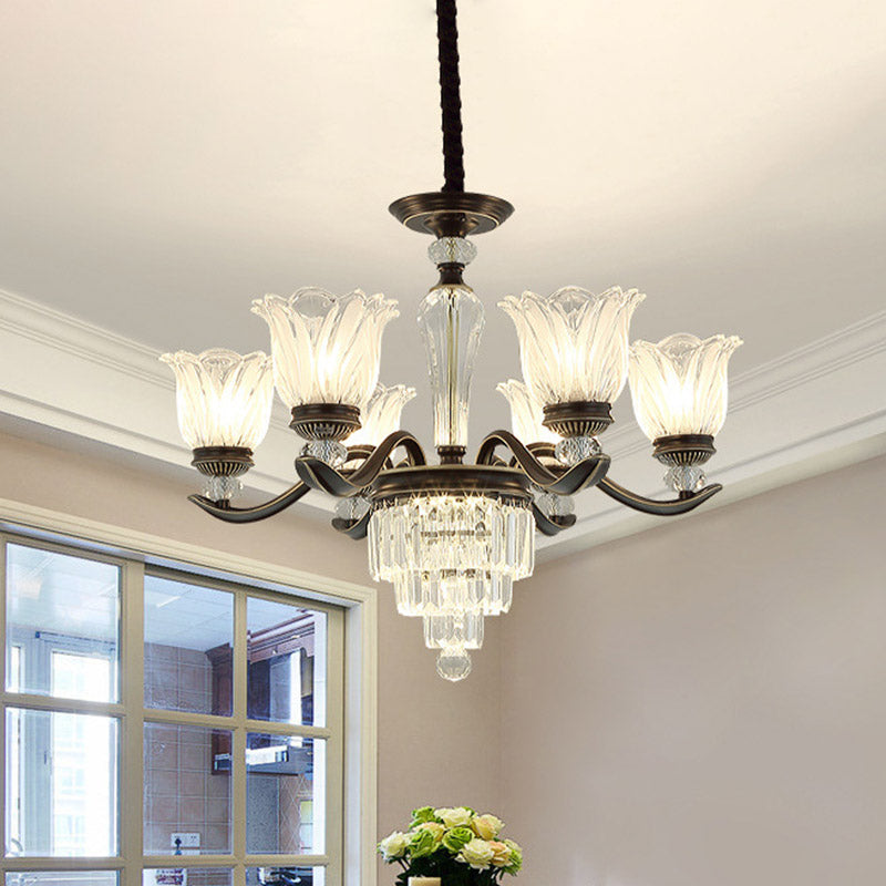 Bellflower Dining Room Pendant Chandelier Vintage Crystal 6/8-Light Black Hanging Light Fixture 6 Black Clearhalo 'Ceiling Lights' 'Chandeliers' 'Modern Chandeliers' 'Modern' Lighting' 852676