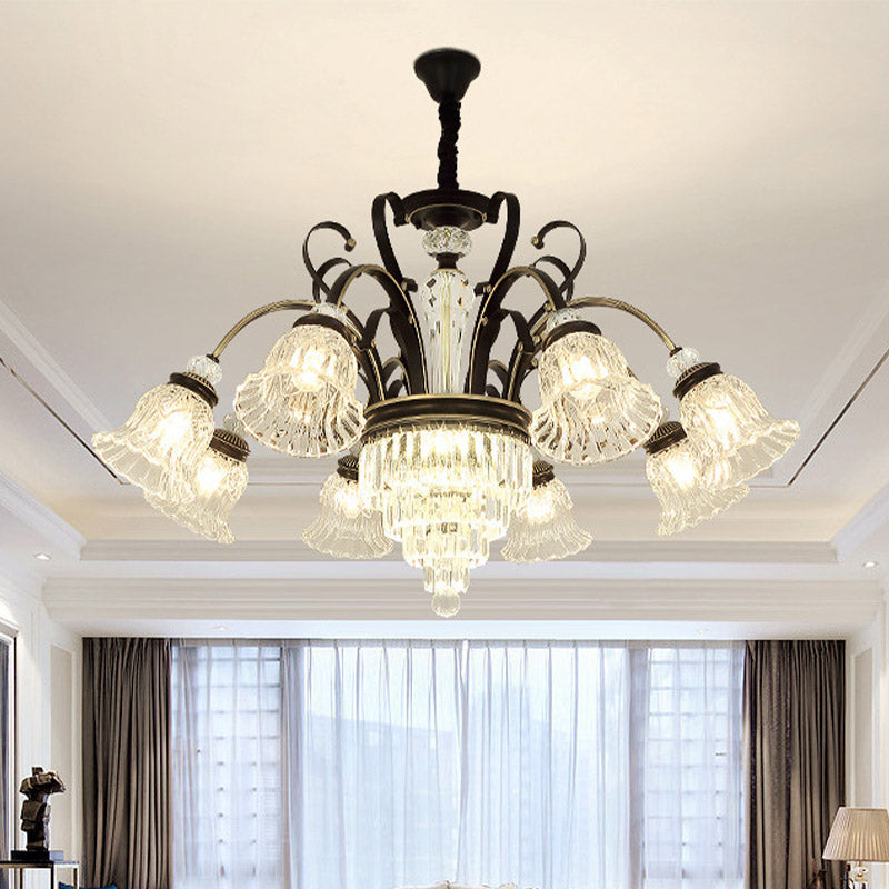 6/8 Heads Clear Glass Chandelier Countryside Black Bell Living Room Ceiling Suspension Lamp 8 Black Clearhalo 'Ceiling Lights' 'Chandeliers' 'Modern Chandeliers' 'Modern' Lighting' 852681