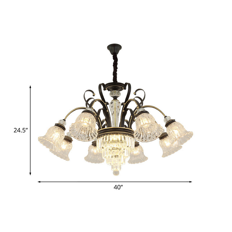 6/8 Heads Clear Glass Chandelier Countryside Black Bell Living Room Ceiling Suspension Lamp Clearhalo 'Ceiling Lights' 'Chandeliers' 'Modern Chandeliers' 'Modern' Lighting' 852684