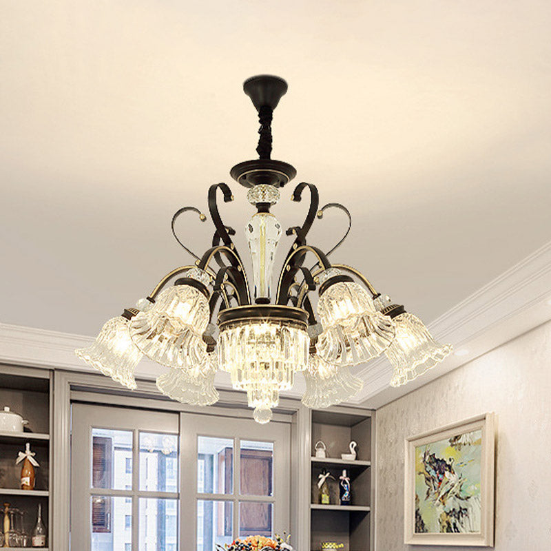 6/8 Heads Clear Glass Chandelier Countryside Black Bell Living Room Ceiling Suspension Lamp 6 Black Clearhalo 'Ceiling Lights' 'Chandeliers' 'Modern Chandeliers' 'Modern' Lighting' 852685