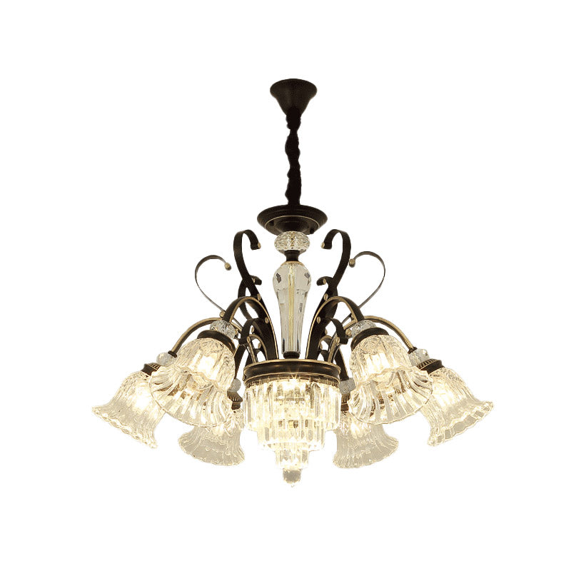 6/8 Heads Clear Glass Chandelier Countryside Black Bell Living Room Ceiling Suspension Lamp Clearhalo 'Ceiling Lights' 'Chandeliers' 'Modern Chandeliers' 'Modern' Lighting' 852687