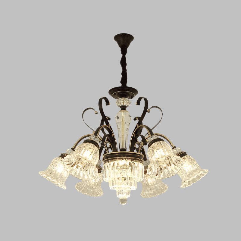 6/8 Heads Clear Glass Chandelier Countryside Black Bell Living Room Ceiling Suspension Lamp Clearhalo 'Ceiling Lights' 'Chandeliers' 'Modern Chandeliers' 'Modern' Lighting' 852688