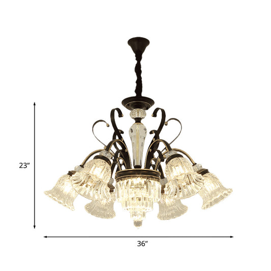 6/8 Heads Clear Glass Chandelier Countryside Black Bell Living Room Ceiling Suspension Lamp Clearhalo 'Ceiling Lights' 'Chandeliers' 'Modern Chandeliers' 'Modern' Lighting' 852689