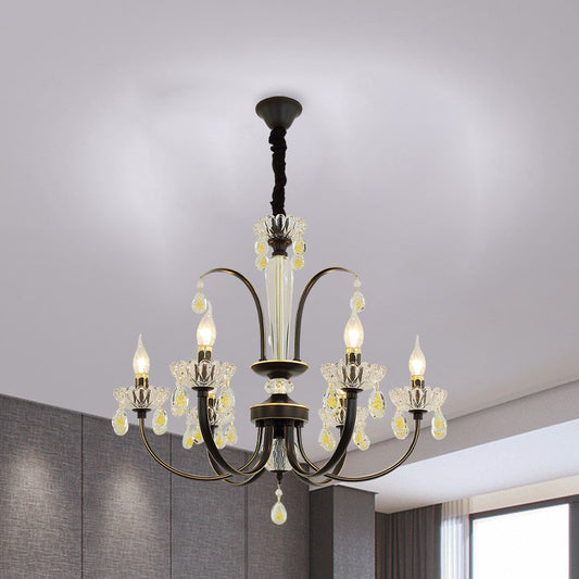 Retro Swooping Arm Candle Chandelier 6/8-Bulb Iron Hanging Light with Crystal Accent in Black and Gold Clearhalo 'Ceiling Lights' 'Chandeliers' 'Modern Chandeliers' 'Modern' Lighting' 852691
