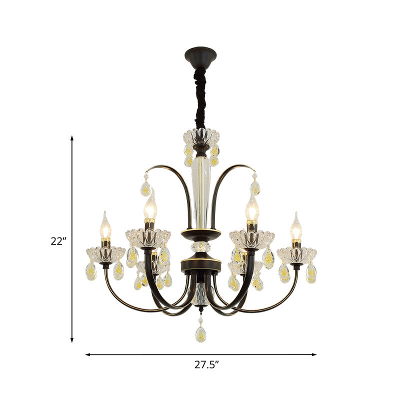 Retro Swooping Arm Candle Chandelier 6/8-Bulb Iron Hanging Light with Crystal Accent in Black and Gold Clearhalo 'Ceiling Lights' 'Chandeliers' 'Modern Chandeliers' 'Modern' Lighting' 852693