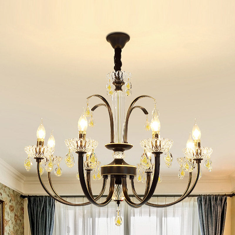 Retro Swooping Arm Candle Chandelier 6/8-Bulb Iron Hanging Light with Crystal Accent in Black and Gold 8 Black-Gold Clearhalo 'Ceiling Lights' 'Chandeliers' 'Modern Chandeliers' 'Modern' Lighting' 852694