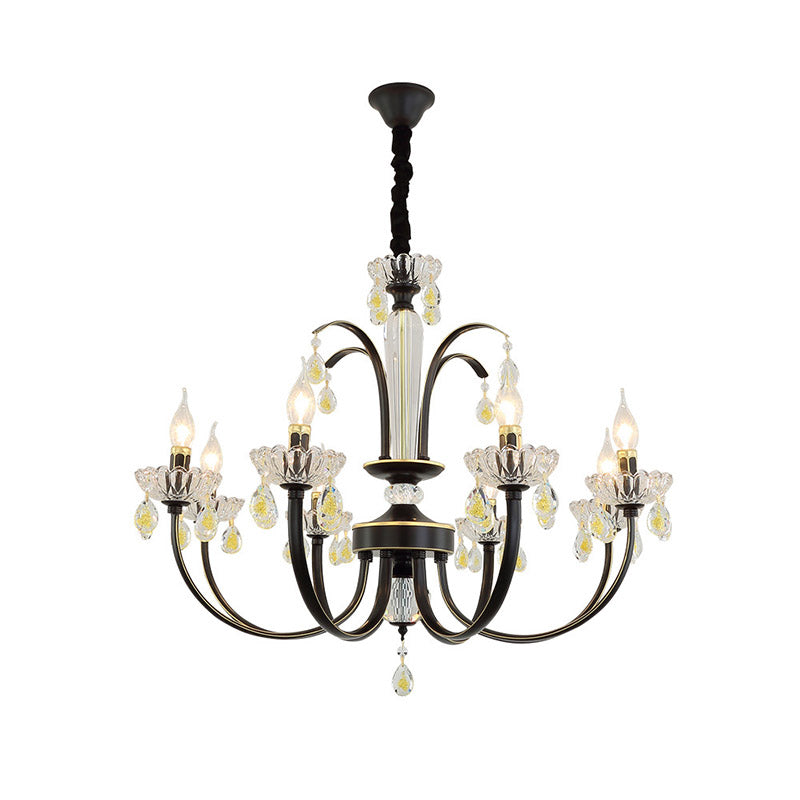 Retro Swooping Arm Candle Chandelier 6/8-Bulb Iron Hanging Light with Crystal Accent in Black and Gold Clearhalo 'Ceiling Lights' 'Chandeliers' 'Modern Chandeliers' 'Modern' Lighting' 852696